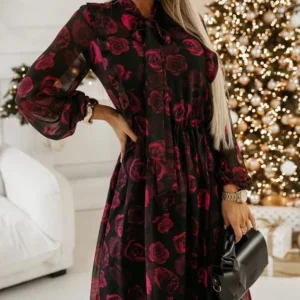 Long sleeved fashionable temperament casual color bow waist cinched dress for women's autumn 2025 new women's clothing