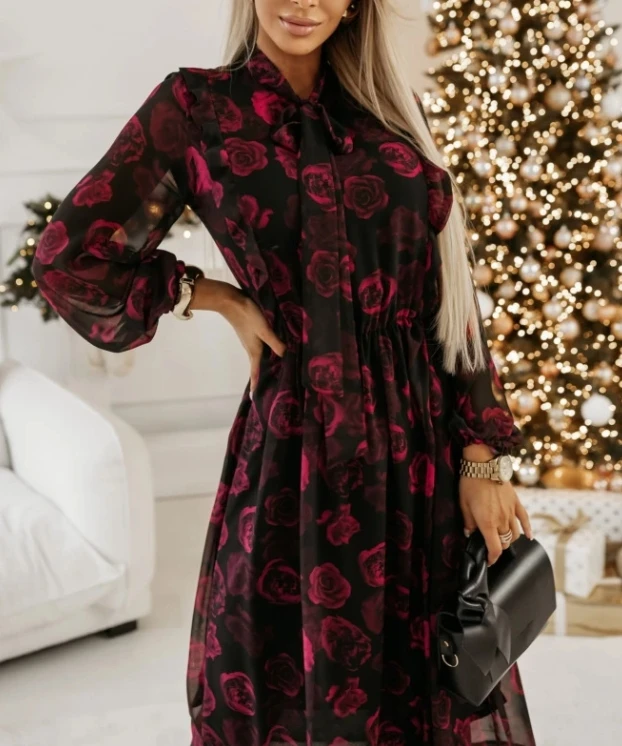 Long sleeved fashionable temperament casual color bow waist cinched dress for women's autumn 2025 new women's clothing
