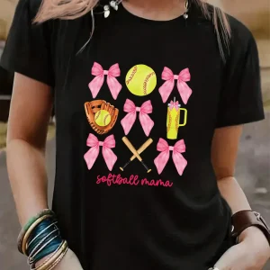 2025 Summer New Funny Softball Bow Soft Baseball Mom Printed Tee T-shirt Round Neck Short Sleeved Top Daily Wear Clothing